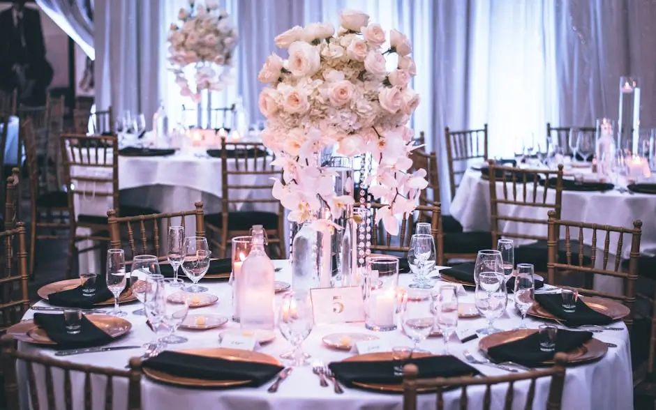 Elegant wedding reception decor under soft ambient lighting.