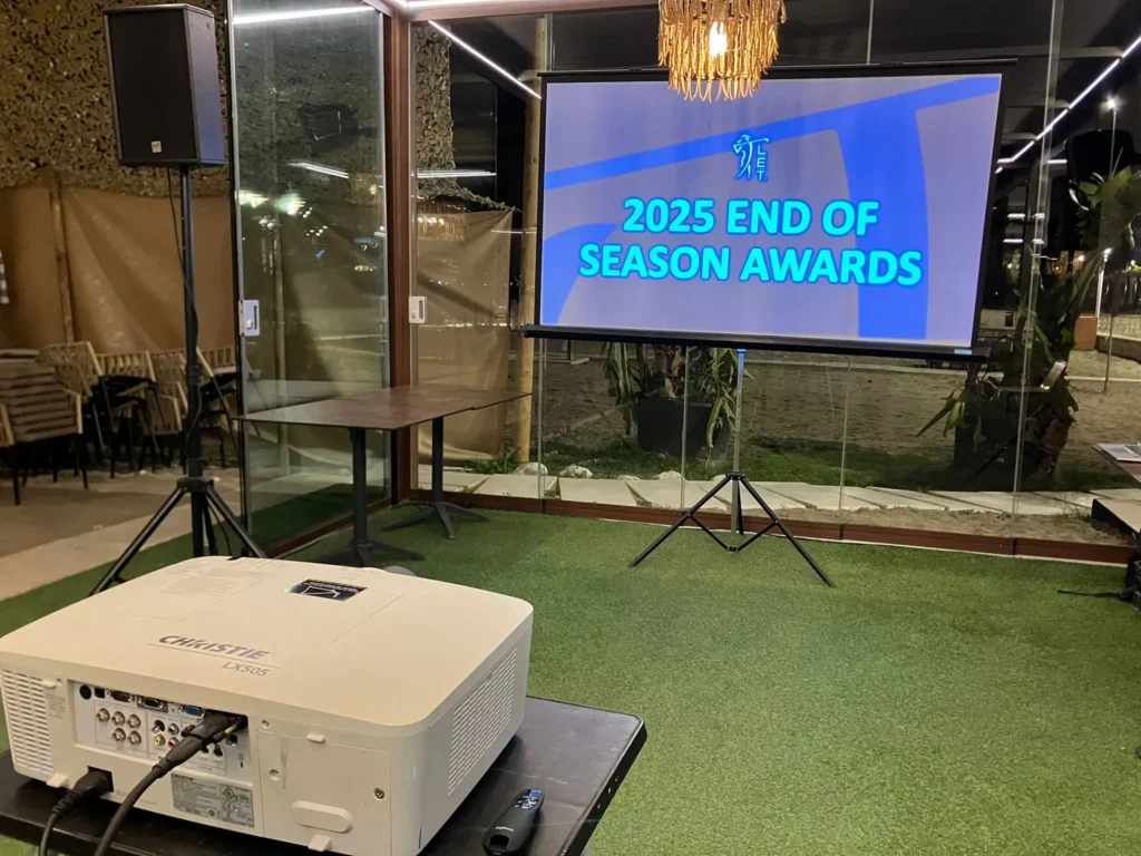 Audio video rental setup showing the 2025 End of Season Awards screen at Majumi Beach Club in Malaga.