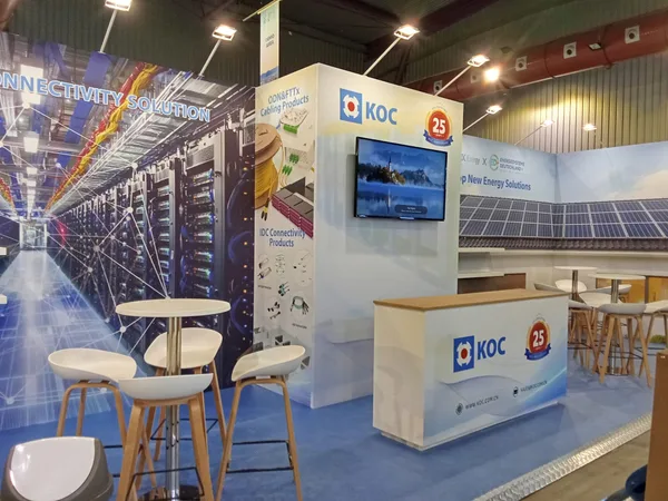 Finished ECOC 2026 exhibitor stand with its display screen installed