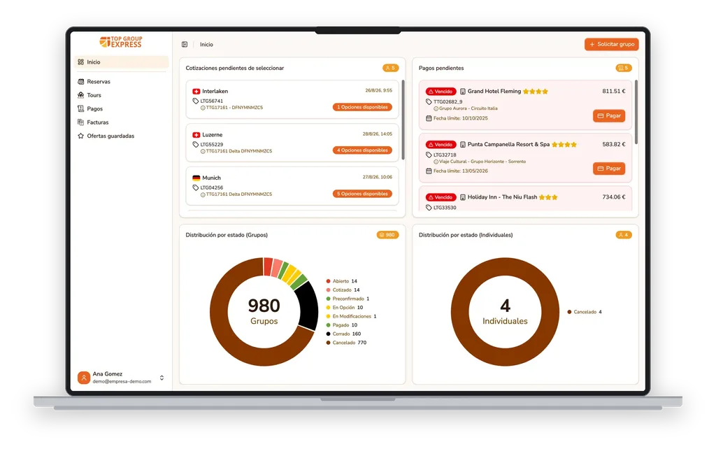 Webappen Top Group Express på skærmen på en bærbar computer, med hoteltilbud til grupper og udestående betalinger.